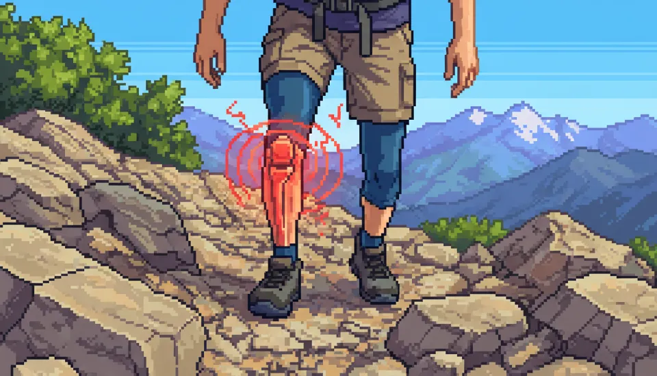 가파른 바위산을 하산하는 등산객의 무릎 관절 부위에 붉은색 강조 효과를 넣어 하산 무릎 통증의 위치를 시각화한 모습