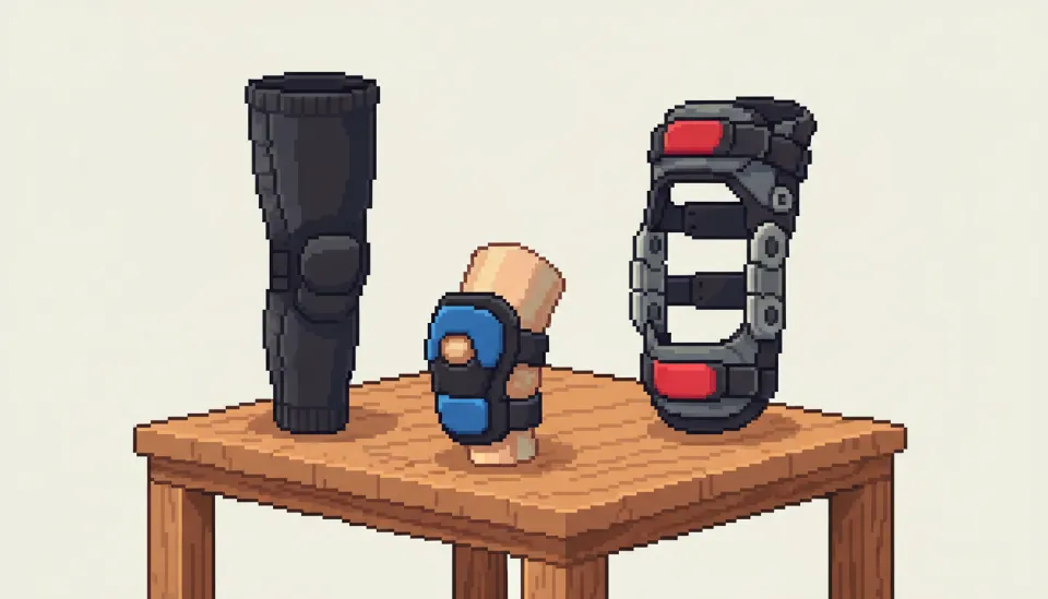 슬리브형, 스트랩형, 지지대 포함형 등 세 가지 종류의 등산 무릎 보호대가 깔끔하게 배열된 제품 비교 사진