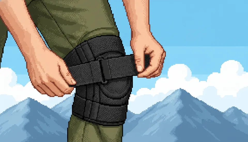 등산복 위로 검은색 기능성 무릎 보호대의 벨크로 스트랩을 단단하게 조여 고정하는 손동작 클로즈업