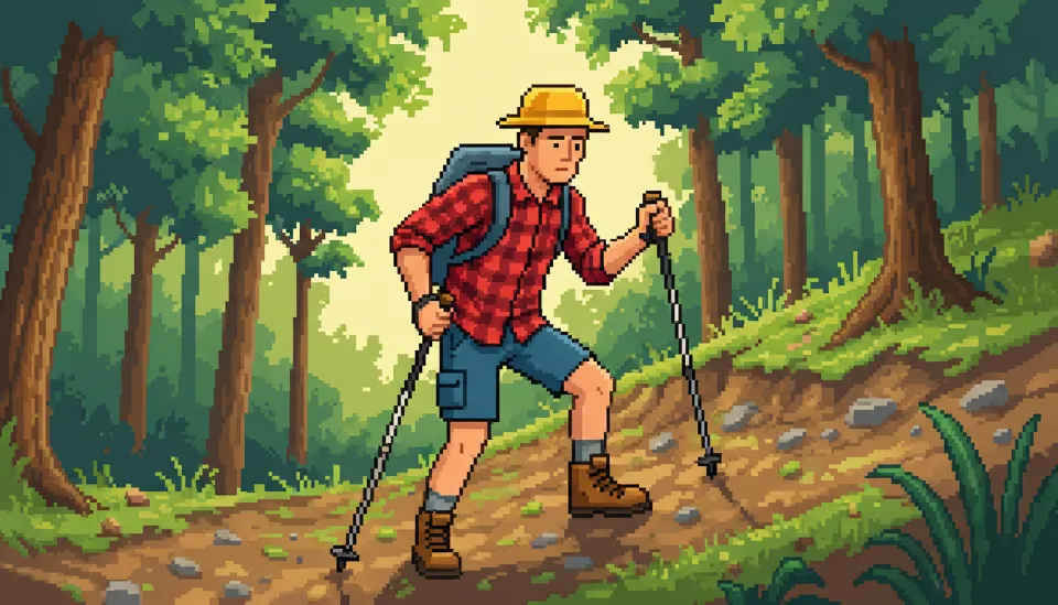 두 개의 등산 스틱을 사용해 몸의 하중을 분산하며 무릎을 살짝 굽힌 정석적인 자세로 하산하는 등산객의 전신 모습