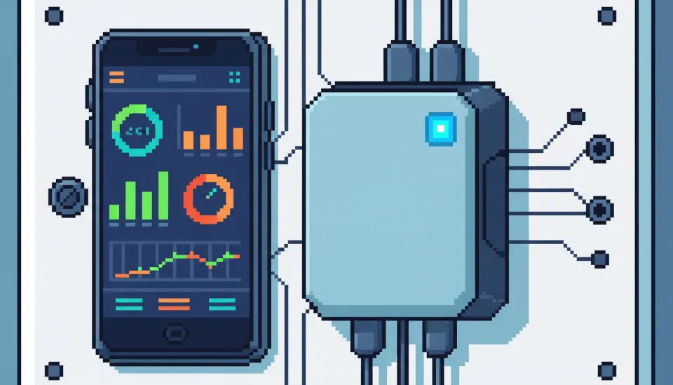 태양광 발전 효율을 실시간으로 확인하는 스마트폰 앱 화면과 세련된 디자인의 마이크로 인버터 장치