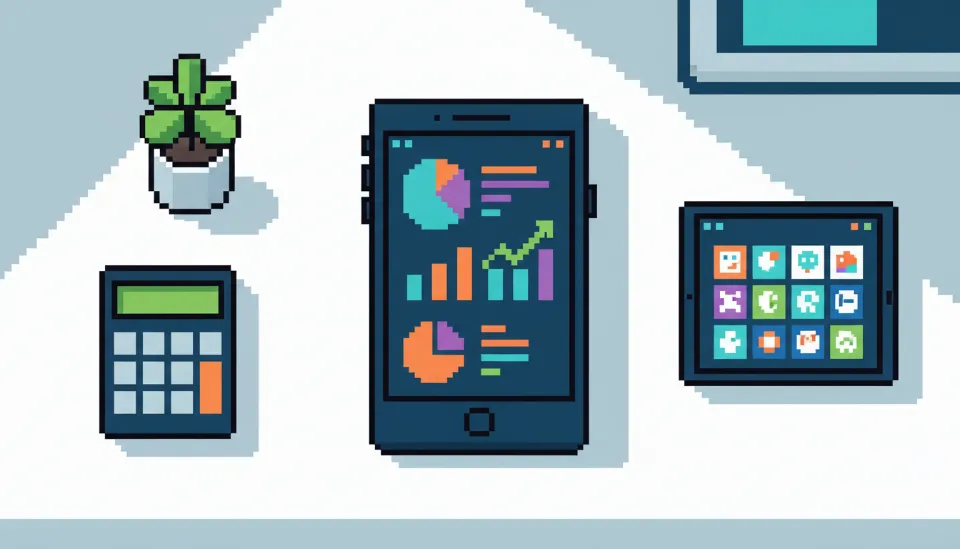 세련된 디자인의 스마트폰 화면에 표시된 세금 환급 대시보드와 계산기, 태블릿이 놓인 전문적인 개인사업자 데스크톱 환경