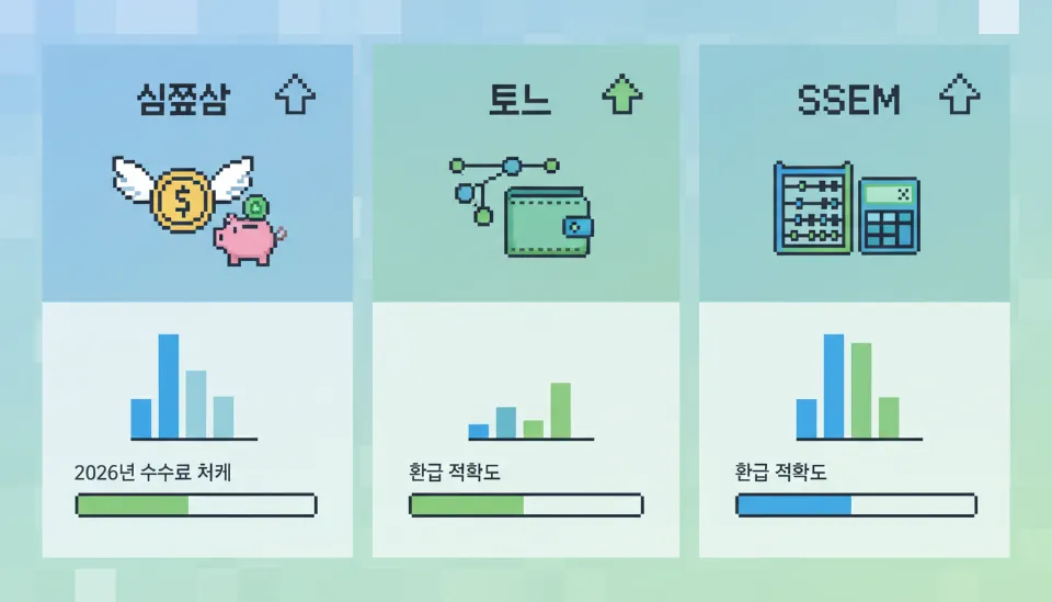 삼쩜삼, 토스, SSEM의 각기 다른 서비스 특징과 수수료 구조를 시각적으로 비교하는 깔끔한 3D 인포그래픽 디자인