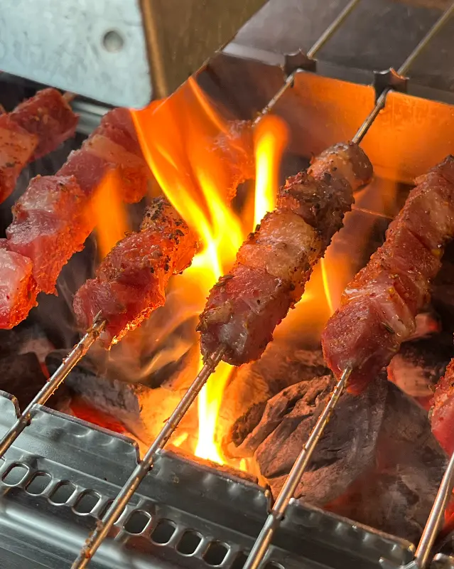 불길에 휩싸여 맛있게 익어가는 양꼬치의 클로즈업