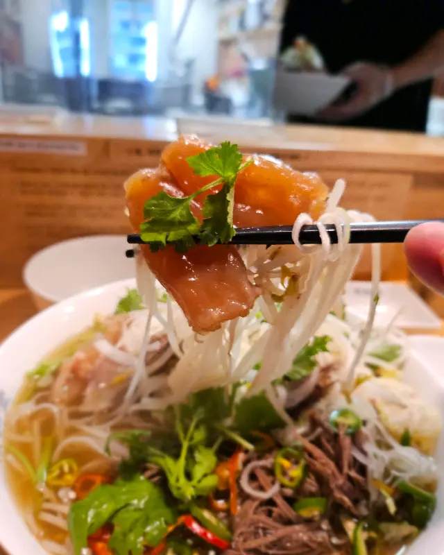 젓가락으로 들어올린 힘줄과 쌀국수 면