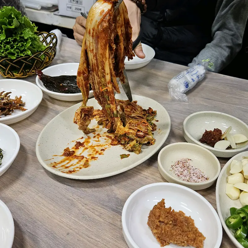 젓갈이 듬뿍 들어간 배추김치를 집게로 들어올리는 모습