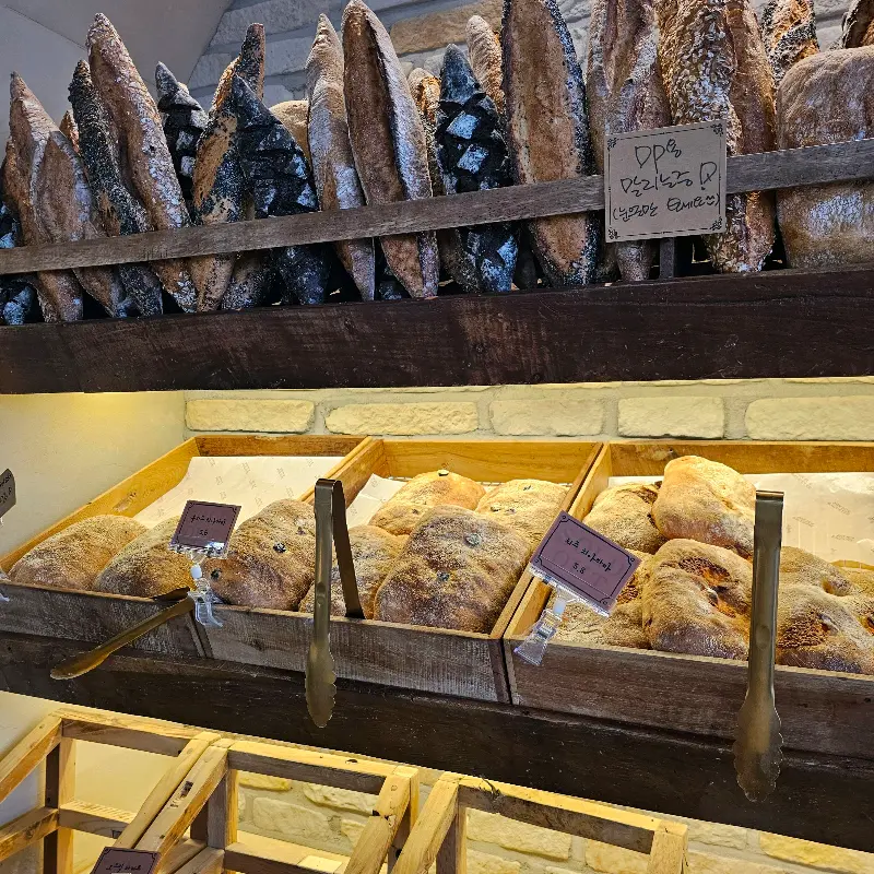 다양한 종류의 빵이 진열된 모습