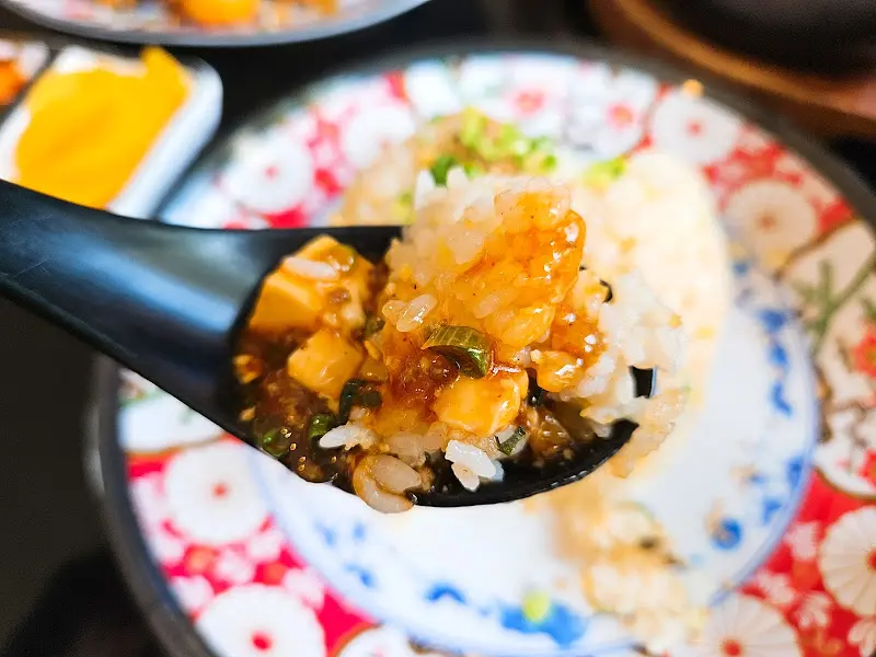 숟가락 위의 마파두부와 볶음밥