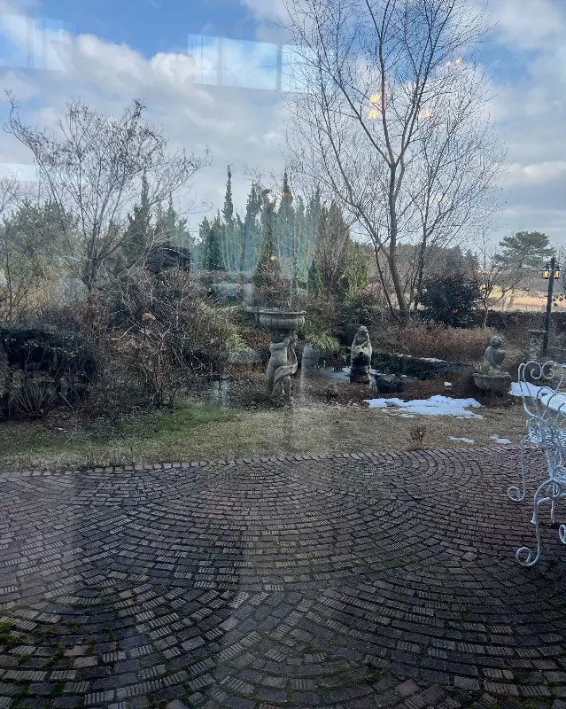 창밖으로 보이는 정원의 겨울 풍경