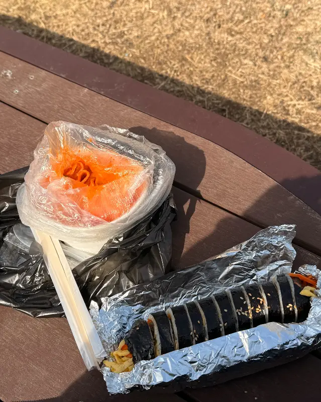 드림랜드 분식에서 포장한 김밥과 떡볶이