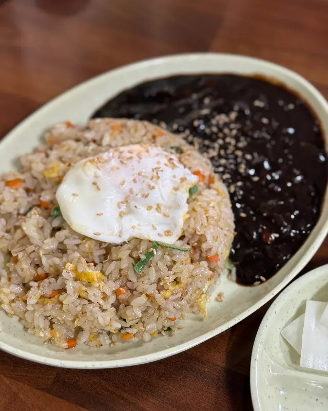 계란후라이가 올려진 짜장 볶음밥