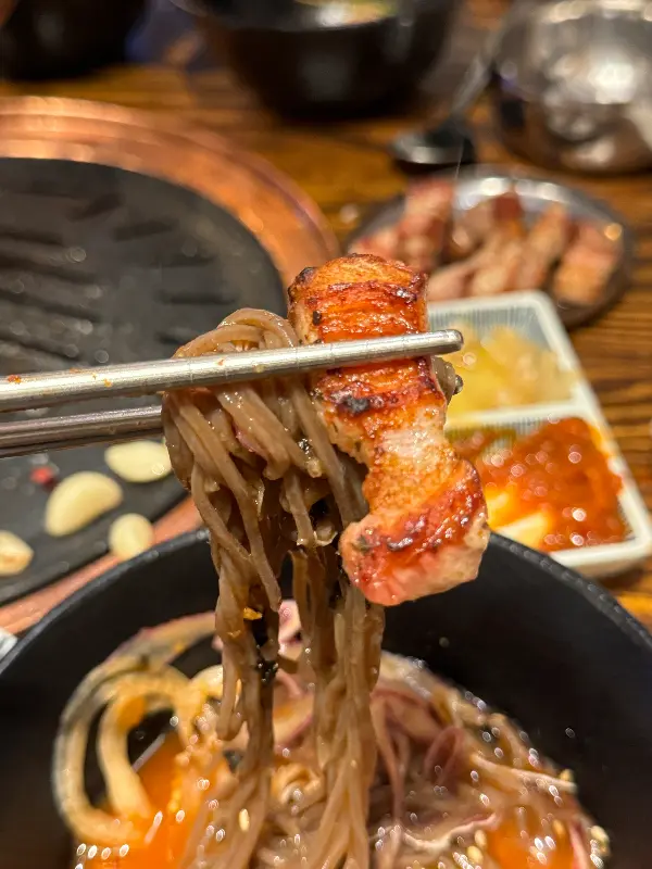 고기와 함께 젓가락으로 막국수를 들어올리는 모습