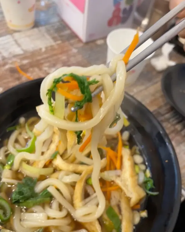 젓가락으로 우동 면발을 들어올리는 모습