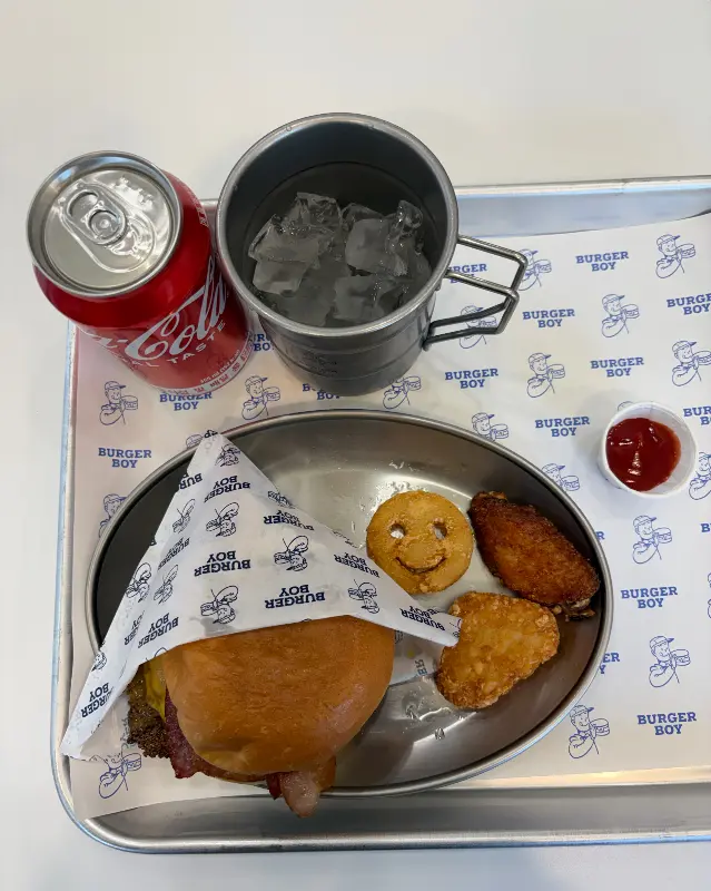 햄버거, 감자튀김, 윙봉이 담긴 쟁반 사진
