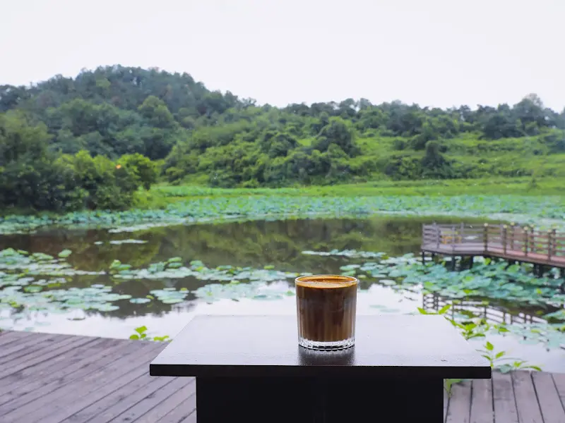 저수지를 배경으로 놓인 커피