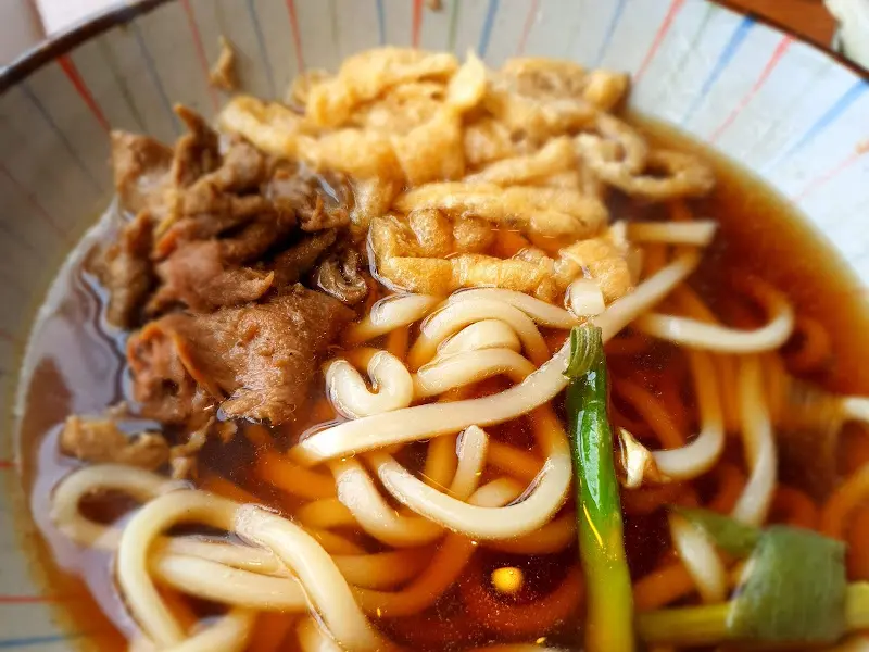 고기와 튀김이 곁들여진 니꾸 우동