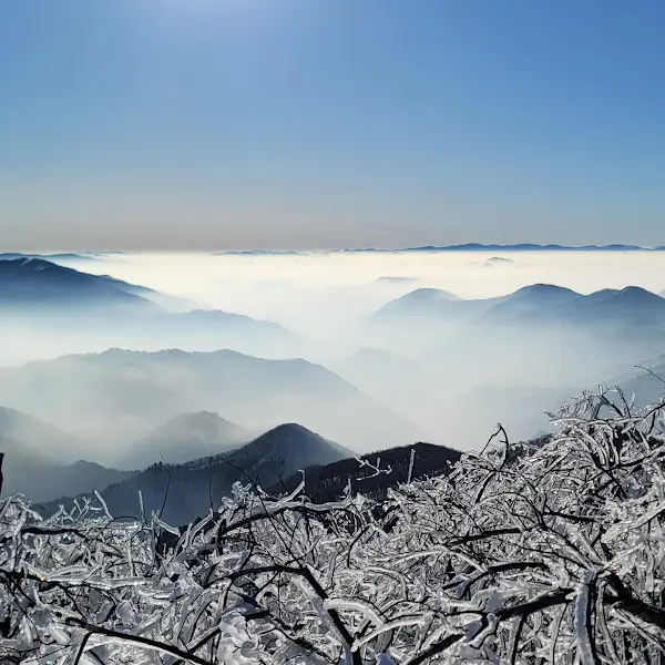 눈 덮인 산봉우리의 아름다운 풍경
