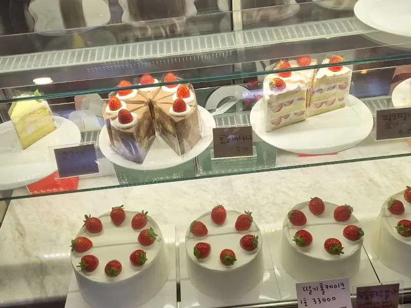 다양한 종류의 케이크가 진열된 쇼케이스