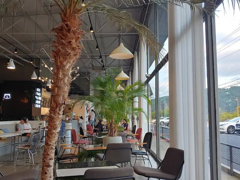 카페 내부 좌석과 통창