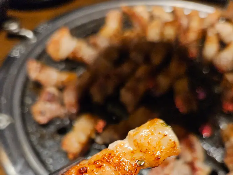 숯불 위에서 맛있게 구워지고 있는 고기