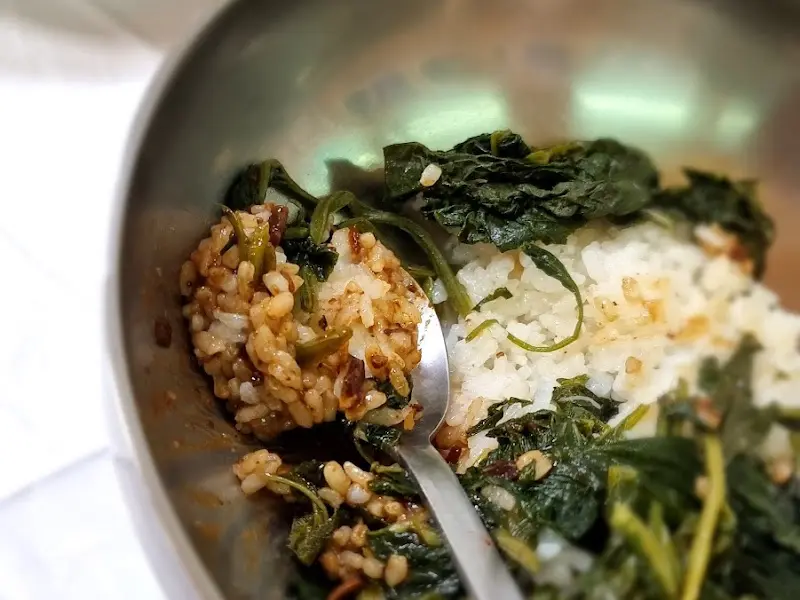 숟가락으로 곤드레밥을 떠먹는 모습