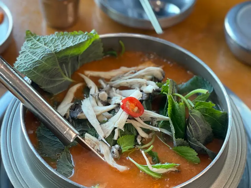 어죽에 깻잎과 버섯이 듬뿍 올려진 모습