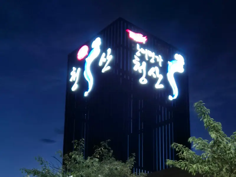 밤하늘을 배경으로 빛나는 청산 장어의 간판