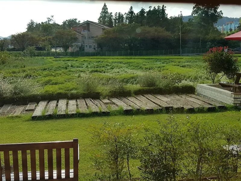 창밖으로 보이는 푸르른 잔디밭 풍경