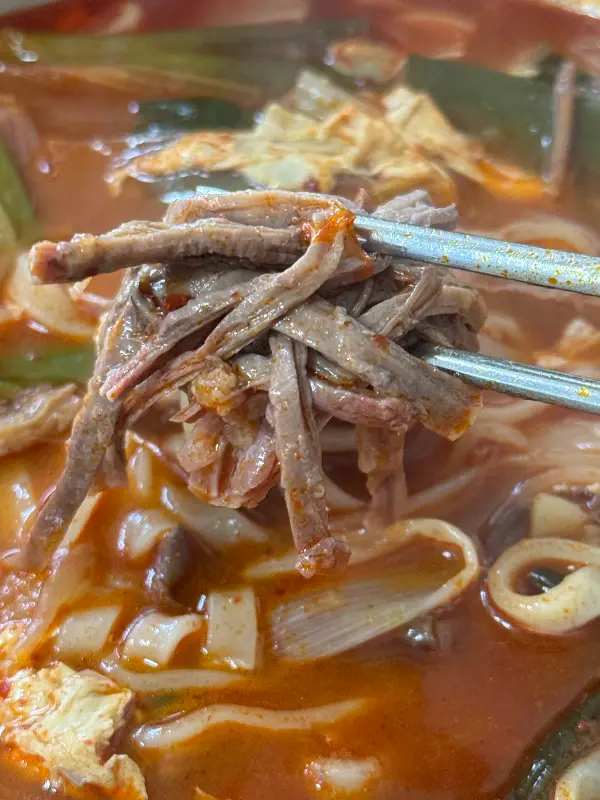 육개장 칼국수의 면발을 들어올린 모습