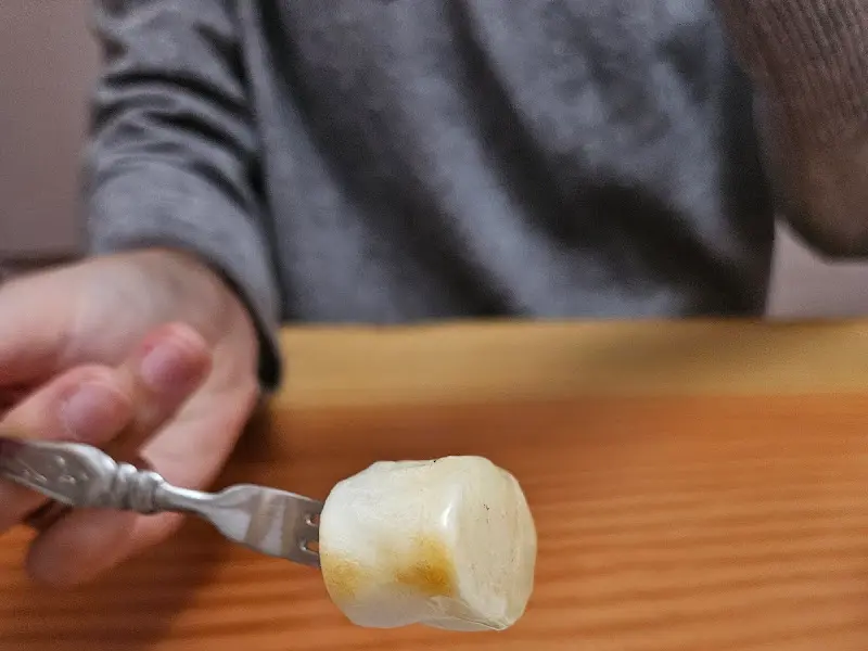 꿀에 찍은 가래떡을 포크로 든 모습