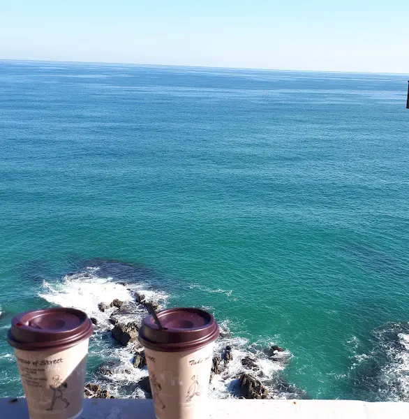 푸른 바다를 배경으로 놓인 두 잔의 커피