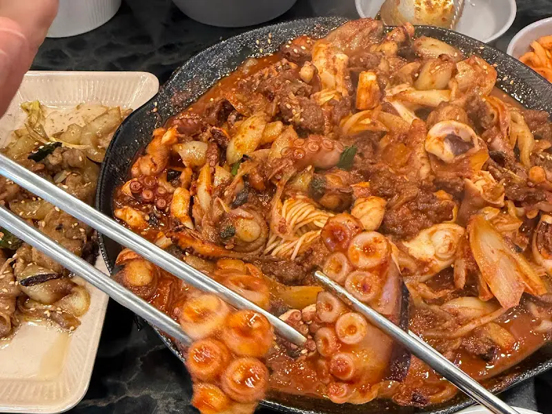 젓가락으로 집어 올린 낙지