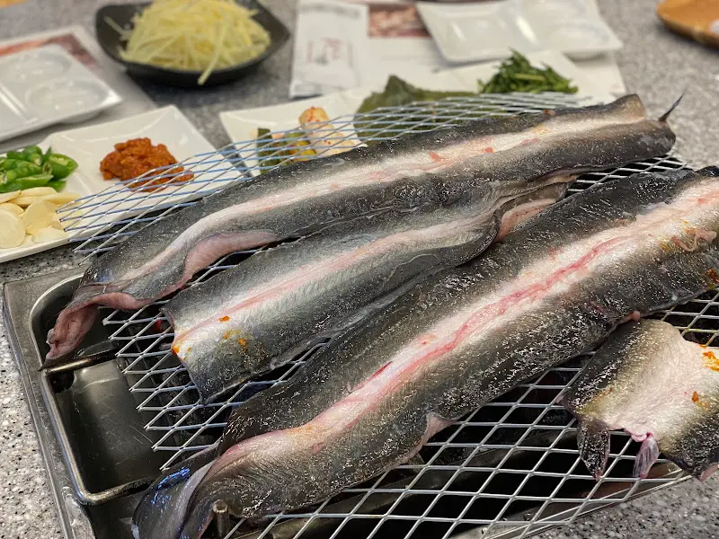 숯불에 구워지기 전, 가지런히 놓인 장어