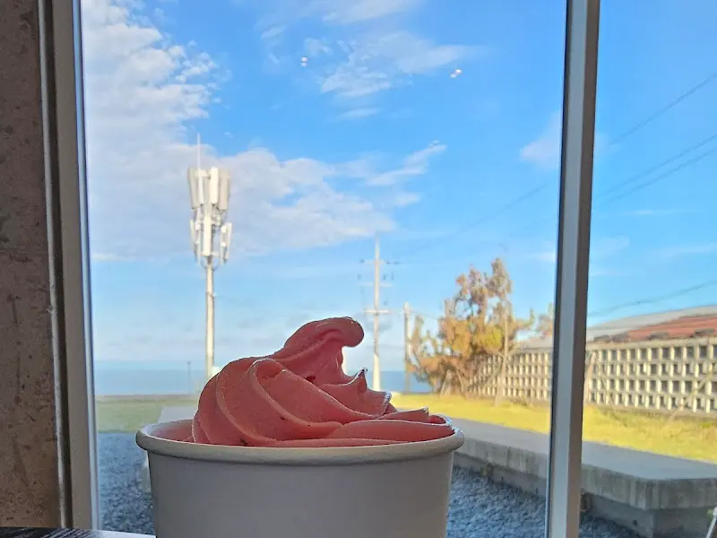 창밖으로 보이는 푸른 바다와 하늘. 핑크색 아이스크림이 놓여 있어 더욱 청량한 느낌을 준다.