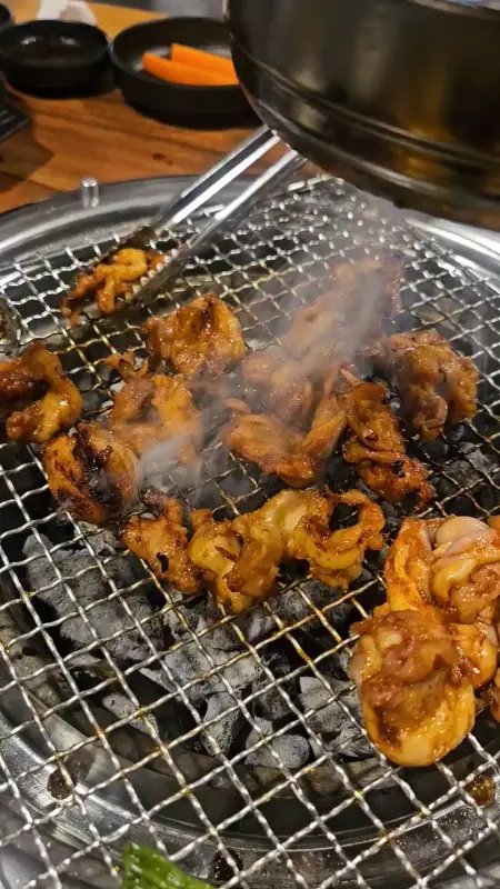 숯불 위에서 연기를 내며 익어가는 닭 특수부위