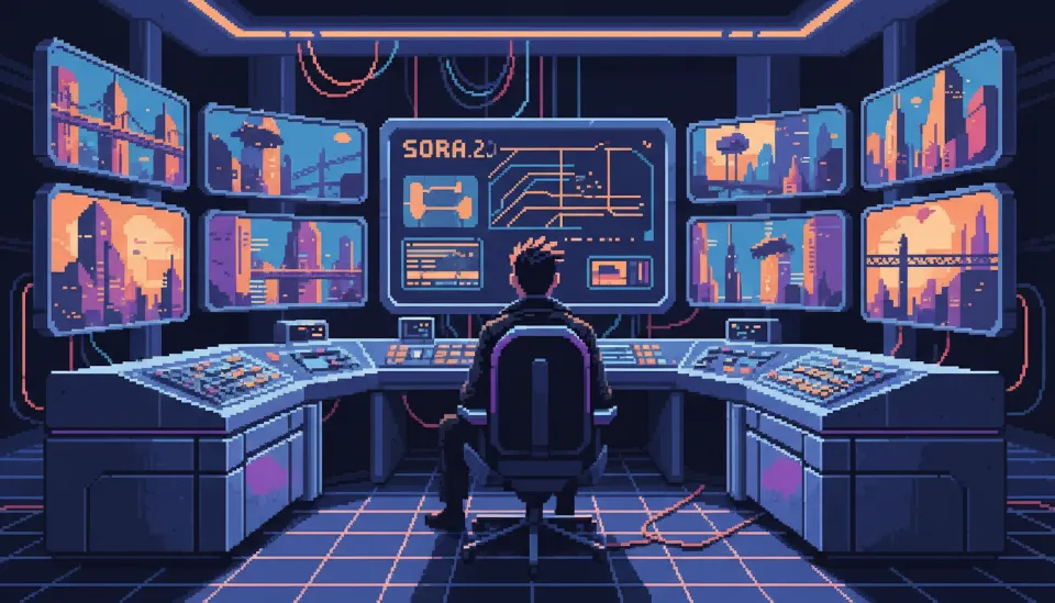 최첨단 장비가 갖춰진 스튜디오에서 1인 감독이 Sora 2.0 인터페이스를 통해 4K 고화질 AI 생성 영화 영상을 모니터링하며 편집하는 모습