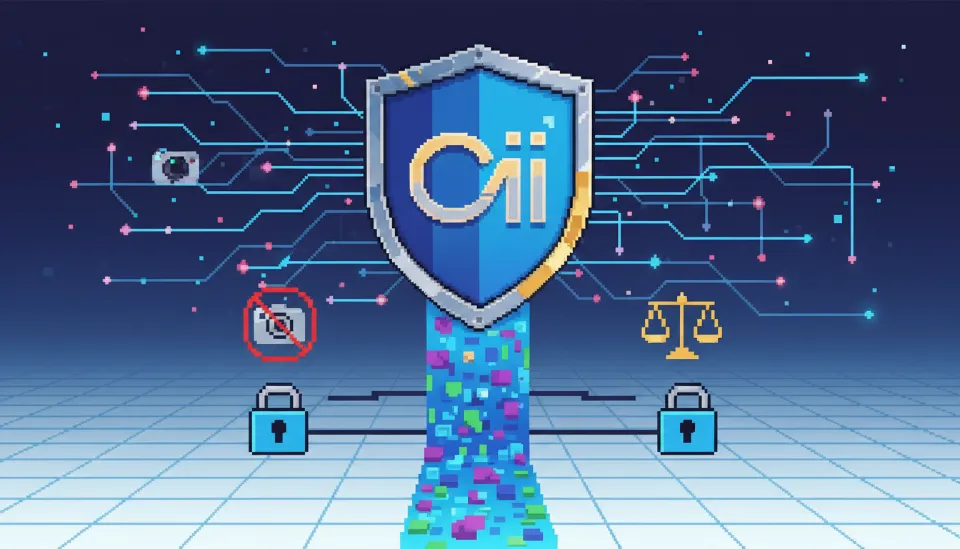 영상 데이터 흐름 위에 떠 있는 디지털 방패 아이콘을 통해 Sora 2.0의 보안 기술과 저작권 보호 및 윤리적 표준을 상징하는 이미지