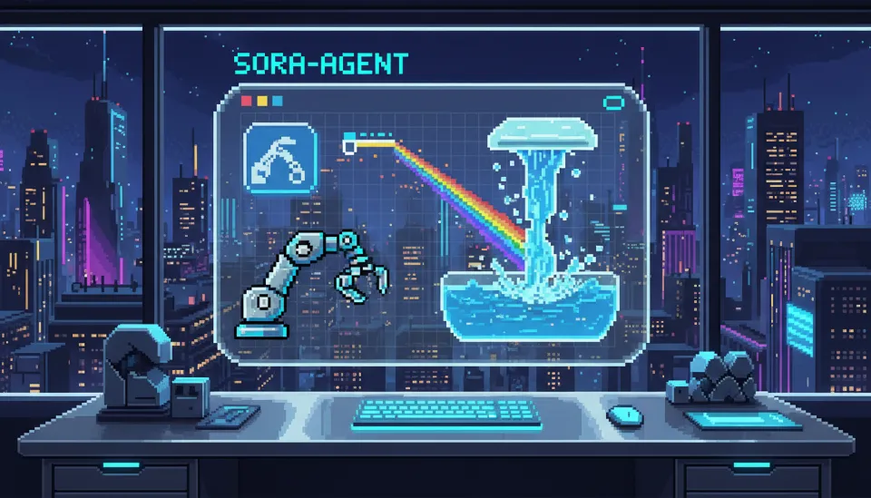 Sora-Agent의 물리 시뮬레이션 인터페이스와 자율적 에이전트 기능을 상징하는 로봇 팔 아이콘이 표시된 미래형 디지털 작업 공간