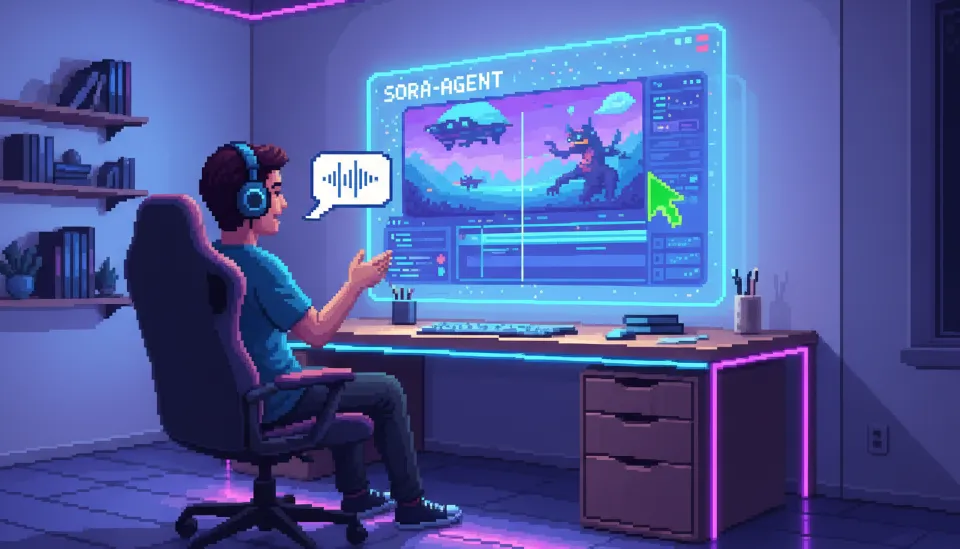 집안의 미니멀한 사무실에서 음성 명령을 통해 Sora-Agent가 생성한 영화 장면을 실시간으로 편집하는 1인 크리에이터의 모습