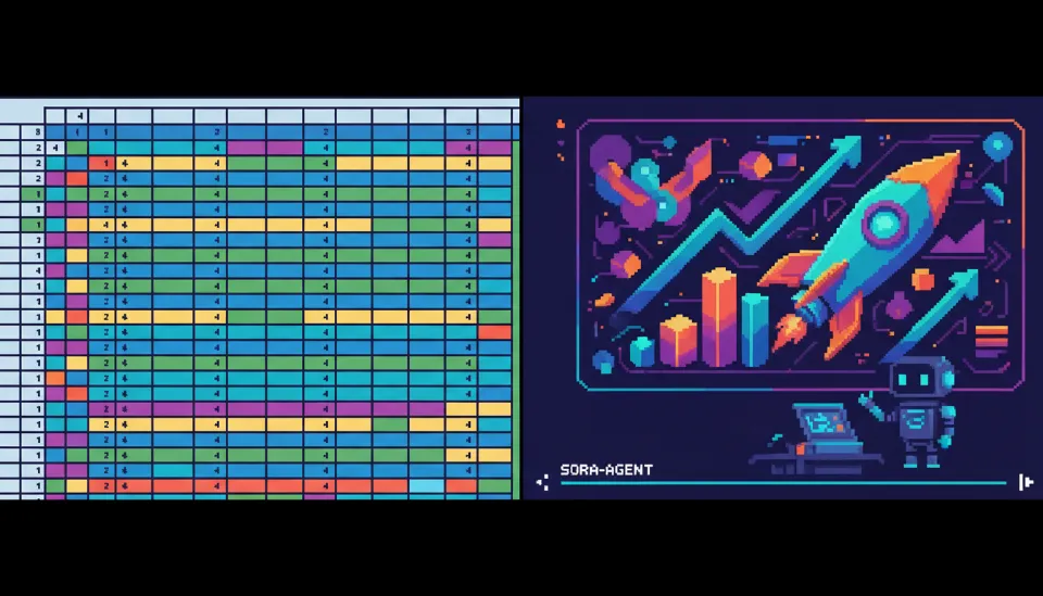 복잡한 데이터 스프레드시트를 기반으로 Sora-Agent가 자동 생성한 고품질 3D 비즈니스 전략 프리젠테이션 영상의 대비 화면