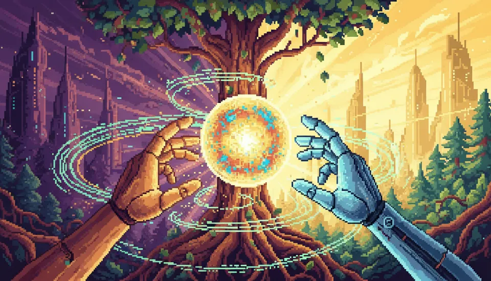 인간의 손과 AI 로봇의 손이 만나 미래의 AGI 기술을 상징하는 빛나는 구체를 함께 받치고 있는 모습, 기술과 인류의 조화를 상징함