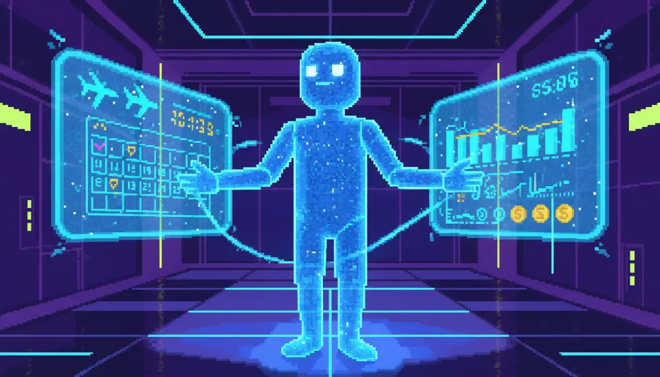 여러 개의 홀로그램 화면 사이에서 비행기 예약, 일정 관리, 금융 차트를 동시에 처리하며 자율적으로 업무를 수행하는 푸른 빛의 AI 에이전트 가상 시각화 이미지