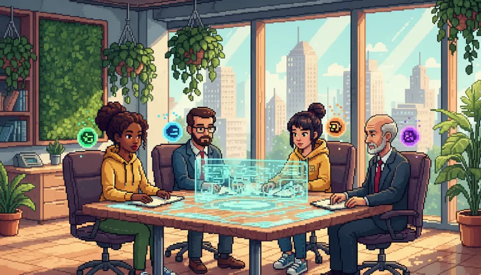 현대적인 친환경 사무실에서 각 직원이 옆에 떠 있는 작은 빛의 구체 형태인 개인 AI 비서와 협력하며 프로젝트를 수행하는 창의적인 업무 현장 모습