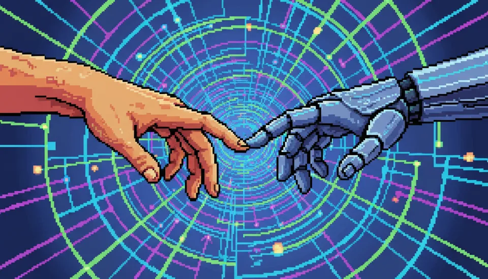 신경망과 데이터 스트림이 흐르는 배경 속에서 인간의 손과 로봇의 손이 서로 맞잡으려는 모습으로 표현된 인간의 창의성과 AI 실행력의 조화로운 미래 이미지