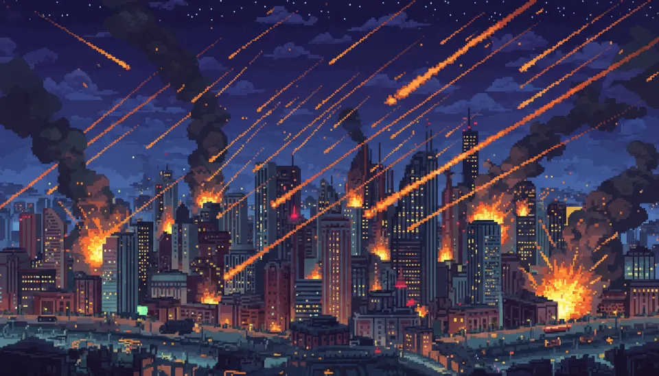 캄캄한 밤하늘을 가르는 수십 개의 미사일 궤적과 이를 요격하기 위해 발사된 방공 시스템의 섬광이 교차하는 중동 도시의 긴박한 야경 및 이란 공습 상황