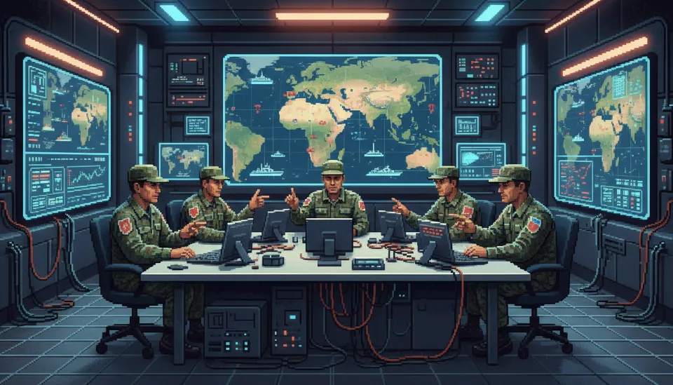 중동 지역의 디지털 지도가 띄워진 작전 상황실에서 군 관계자들이 심각한 표정으로 작전 지도를 분석하며 미국과 이스라엘의 공동 대응 전략을 논의하는 모습