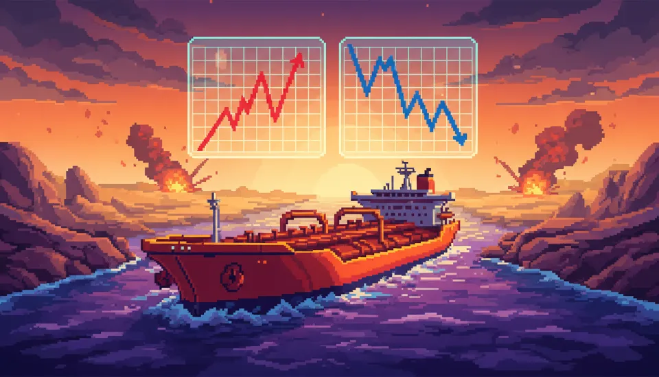 거대한 유조선이 좁은 해협을 통과하는 모습 위로 급격히 상승하는 국제 유가 그래프와 하락하는 주가 지수가 오버레이된 전 세계 경제 위기 시각화 자료