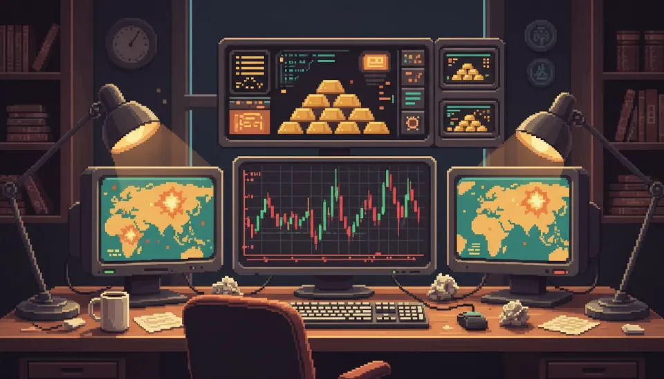 중동 전쟁 뉴스 헤드라인이 띄워진 여러 대의 모니터와 금괴가 놓인 책상에서 복잡한 2026년 세계 경제 지표를 분석하는 전문가의 작업 공간