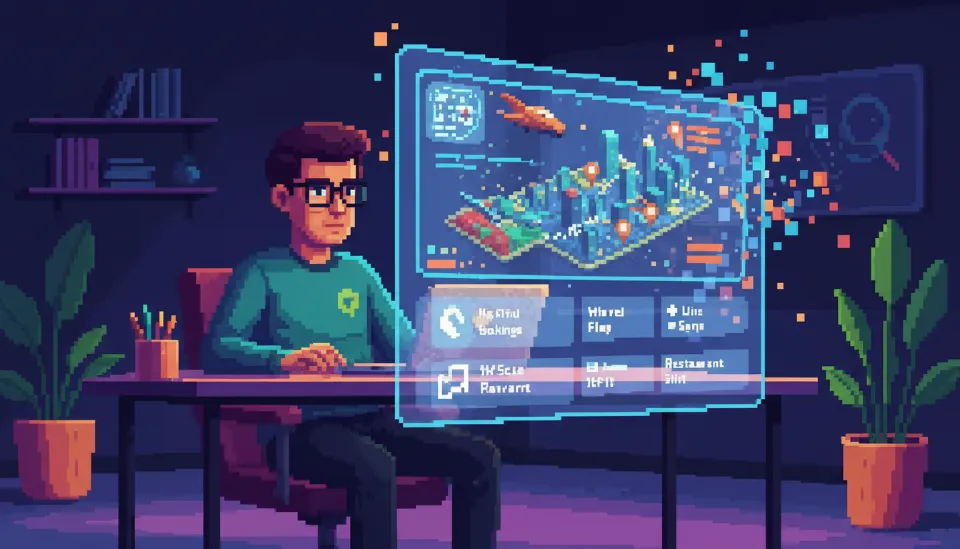 현대적인 사무실에서 사용자와 상호작용하며 복잡한 여행 일정을 3D 홀로그램 형태로 실시간 구성하는 지능형 AI 에이전트 인터페이스 디자인