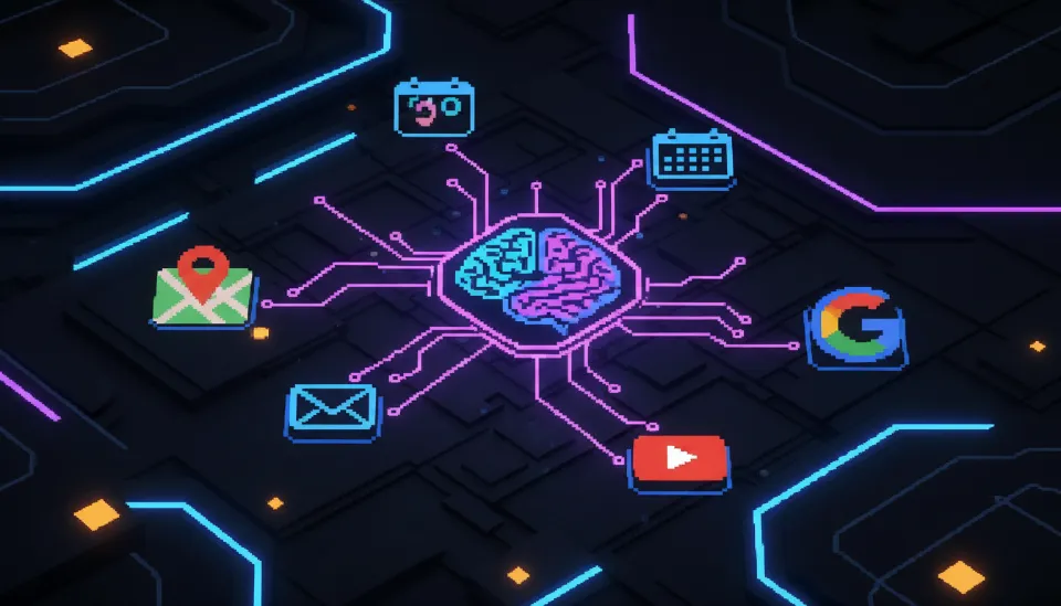 구글 지도, 캘린더, 메일 서비스가 중앙의 인공지능 두뇌와 연결되어 유기적으로 작동하는 초개인화 AI 에코시스템 시각화 이미지